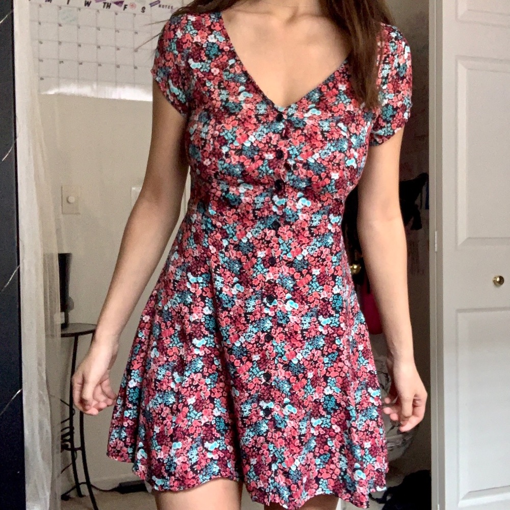 floral button down tie back dress